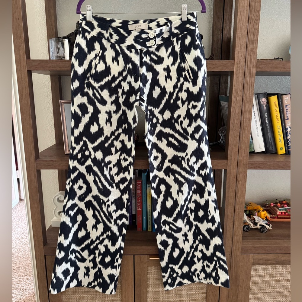 Loft Black & White Printed Linen Wide-Leg Pants